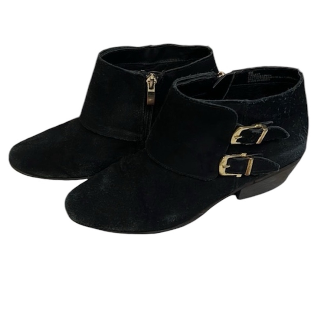 Apri Gallant Black Gold Buckle Suede Leather Ankle Boots Size 8